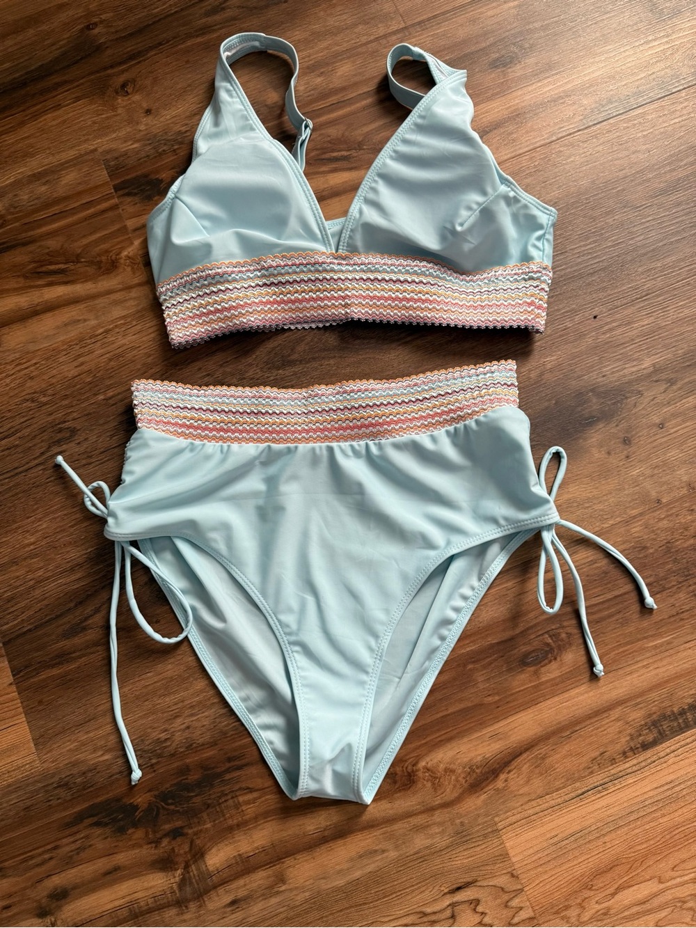 Light Blue Crochet-Trim High-Waist Bikini Set